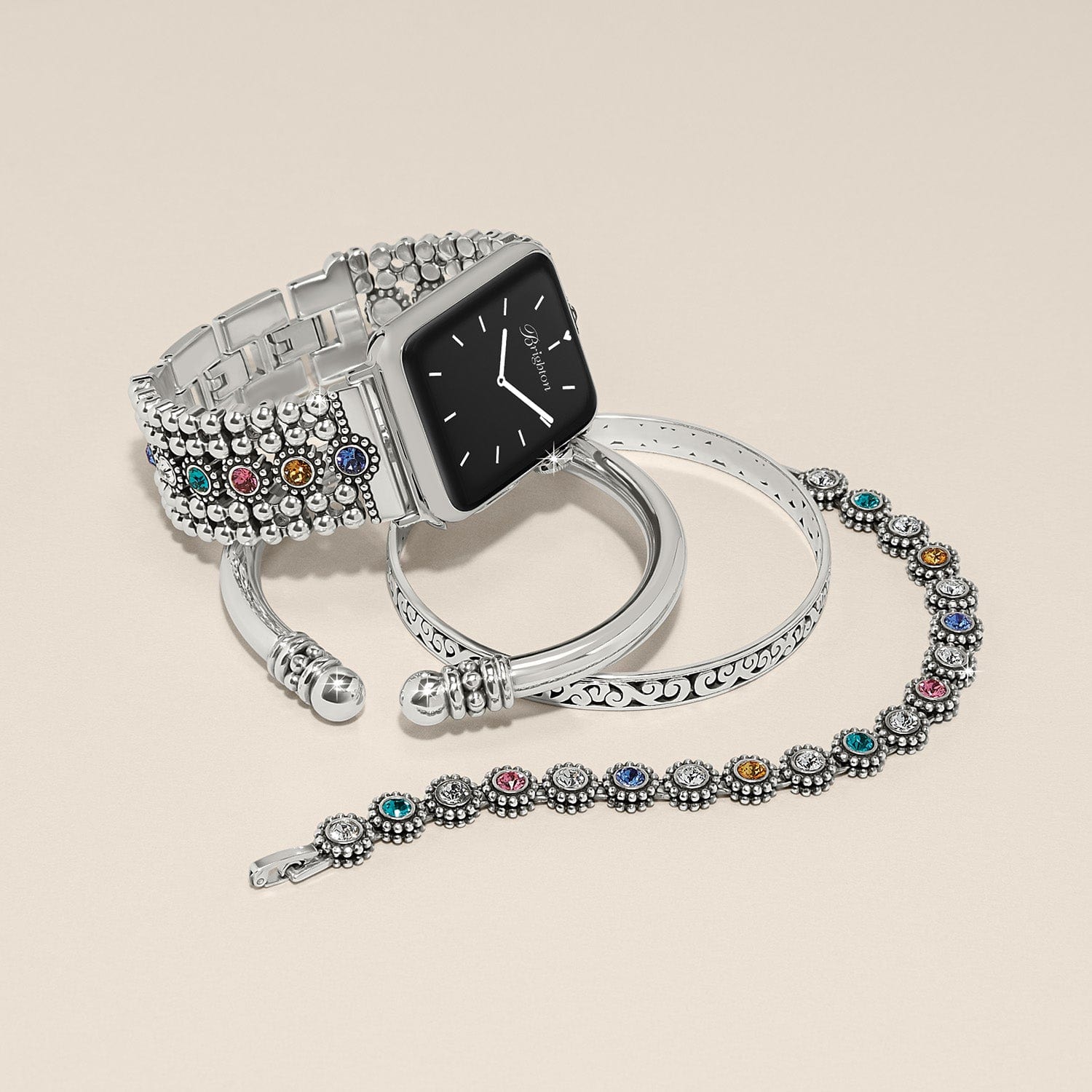 Twinkle Link Multi Watch Band styled with coordinating Brighton crystal bangles