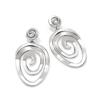 Brighton drop earrings with silver-plated swirl spiral design and small round post tops on a white background