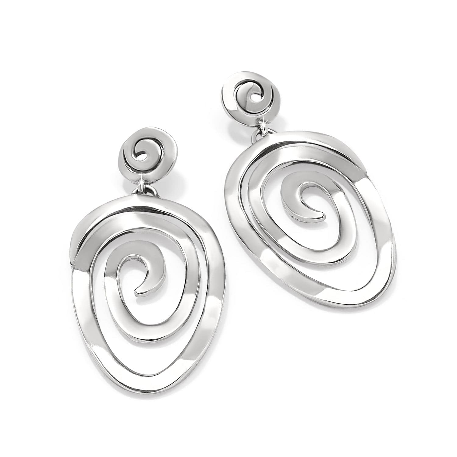 Brighton drop earrings with silver-plated swirl spiral design and small round post tops on a white background
