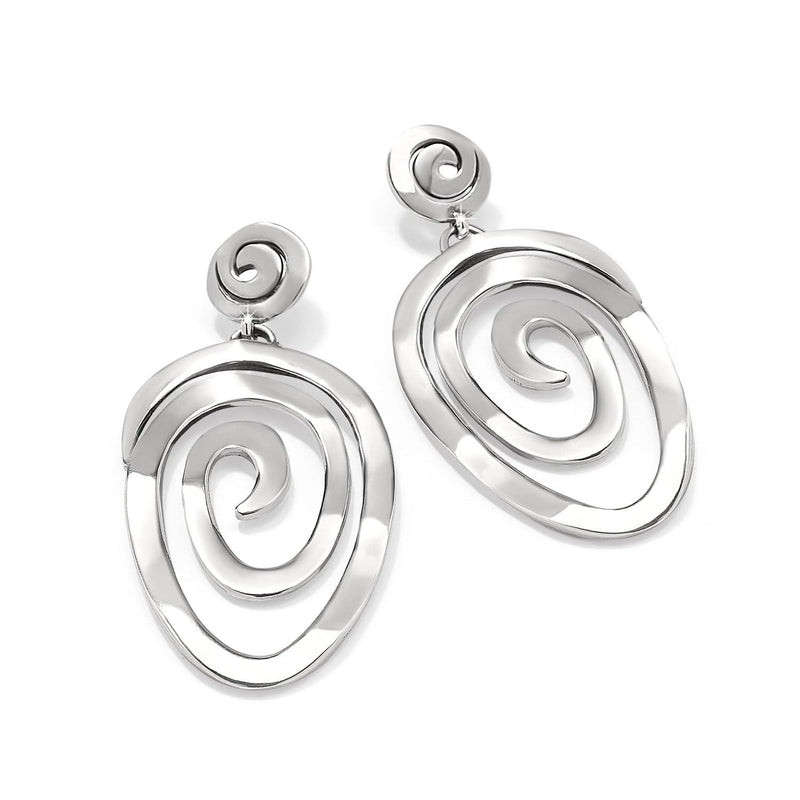 Brighton drop earrings with silver-plated swirl spiral design and small round post tops on a white background