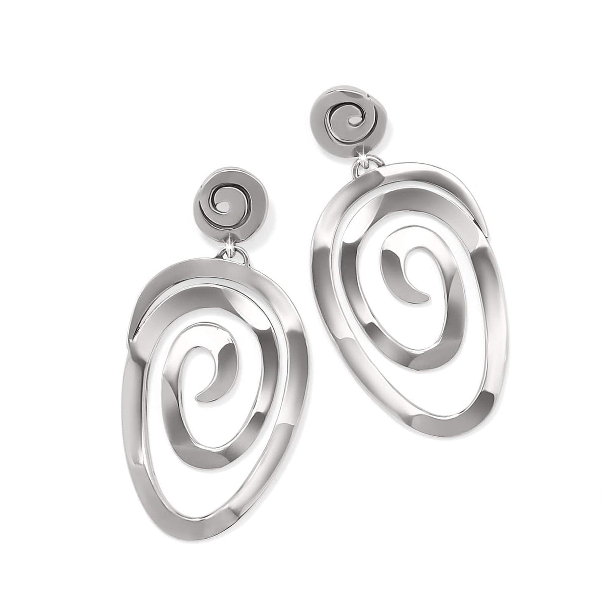 Brighton drop earrings with silver-plated swirl spiral discs and small spiral posts on a white background