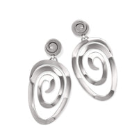 Brighton drop earrings with silver-plated swirl spiral discs and small spiral posts on a white background