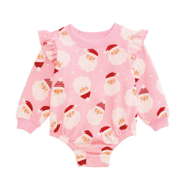 Mud Pie Pink Santa Baby Sweatshirt Bubble - brushed French terry romper with ruffle shoulders and leg snaps