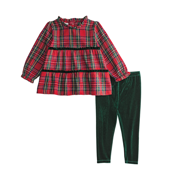 Mud Pie Tartan Toddler Tunic and Legging Set - woven plaid tunic with velour ruffles and bow plus stretch velvet leggings