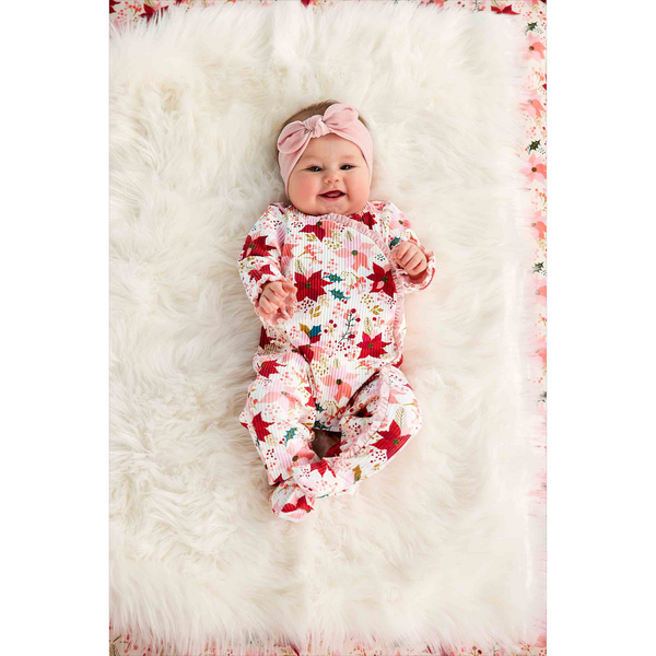 Poinsettia baby sleeper and headband set - cream ribbed footed zip sleeper with red and pink poinsettia print and matching pink velvet bow headband