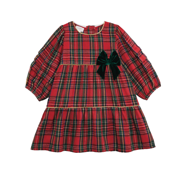 Mud Pie Tartan Tiered Dress - woven plaid long sleeve dress with gold lurex piping and velour bow