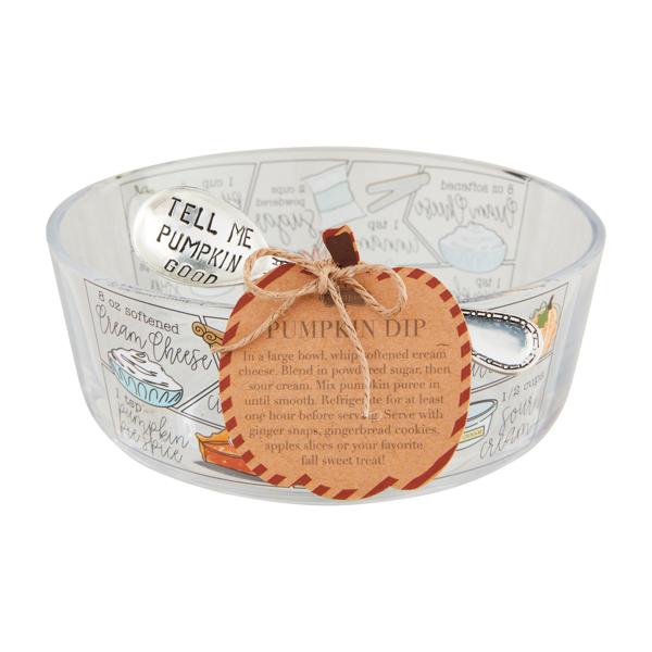 Mud Pie Pumpkin Dip Recipe Tidbit Set - glass bowl with recipe exterior and stamped silverplate spoon