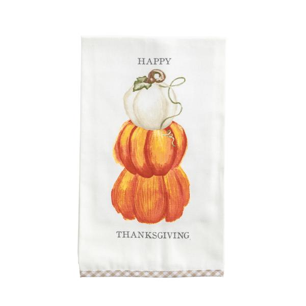 Mud Pie Happy Thanksgiving Gingham Hem Towel - beige 100% cotton hand towel with contrast woven gingham hem