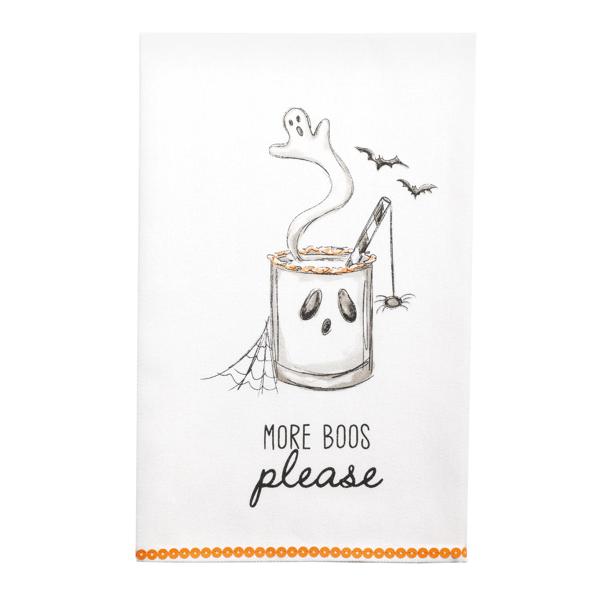 Mud Pie Boos Please Cocktail Towel - white cotton Halloween ghost hand towel with sequin trim hem