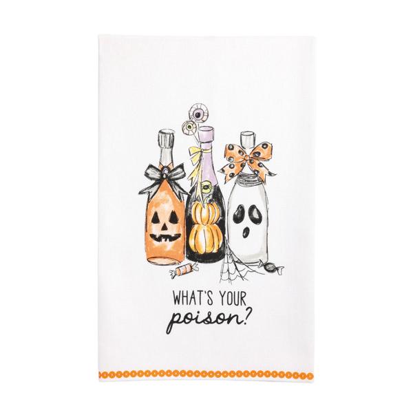 Mud Pie Poison Cocktail Towel - white 100% cotton Halloween hand towel with sequin trim hem