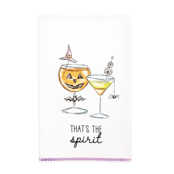 Mud Pie That's The Spirit Cocktail Towel - white cotton Halloween bar hand towel with sequin trim hem