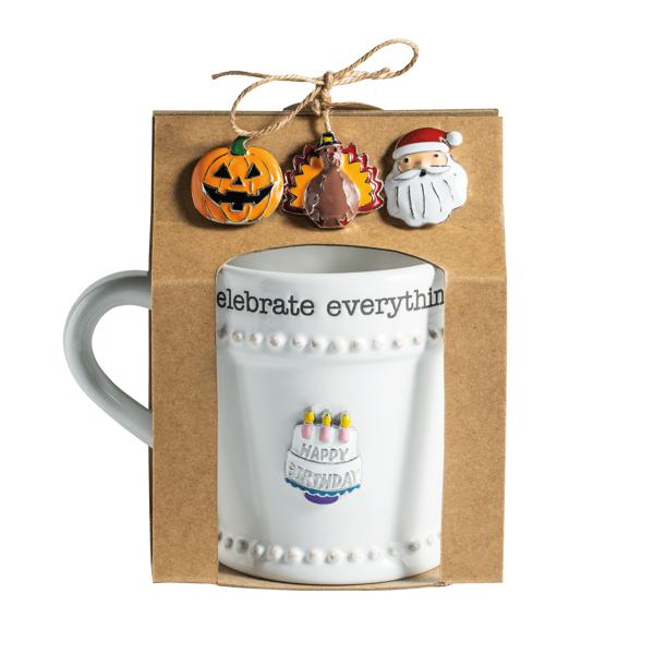 Mud Pie Simply Charming beaded ceramic mug with magnetic disc and four interchangeable holiday charms