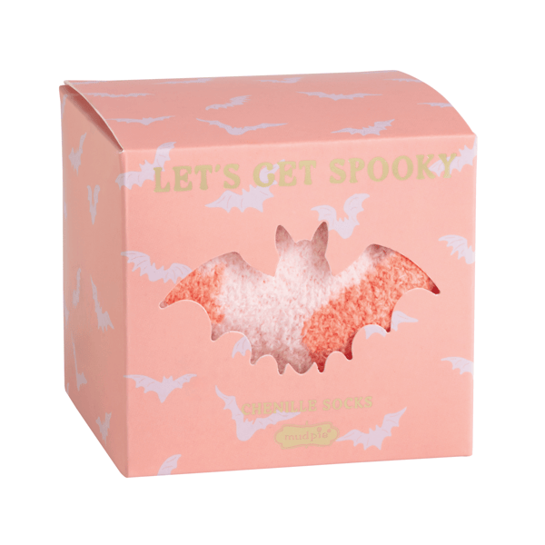 Mud Pie Bat Sock Set - pastel pink chenille Halloween socks in window gift box