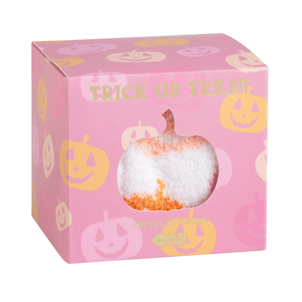 Mud Pie Jack-O-Lantern Sock Set - white chenille Halloween socks in window gift box