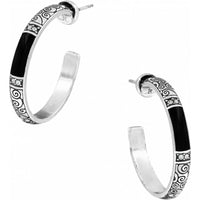 Brighton silver-plated hoop earrings with black enamel inlay, scroll detailing, and crystal accents on a white background