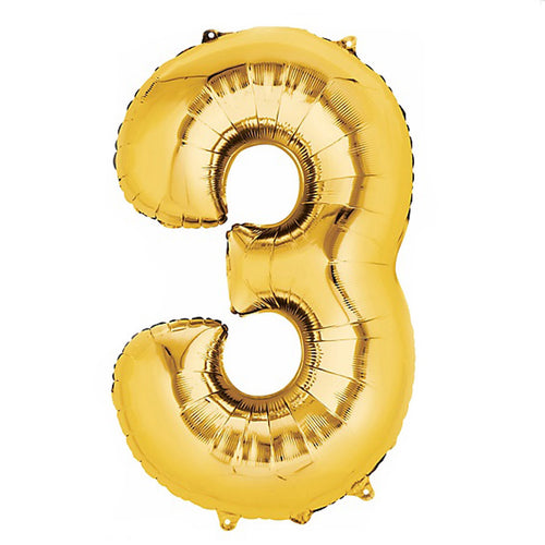 34" Number 3 Gold  Foil Balloon