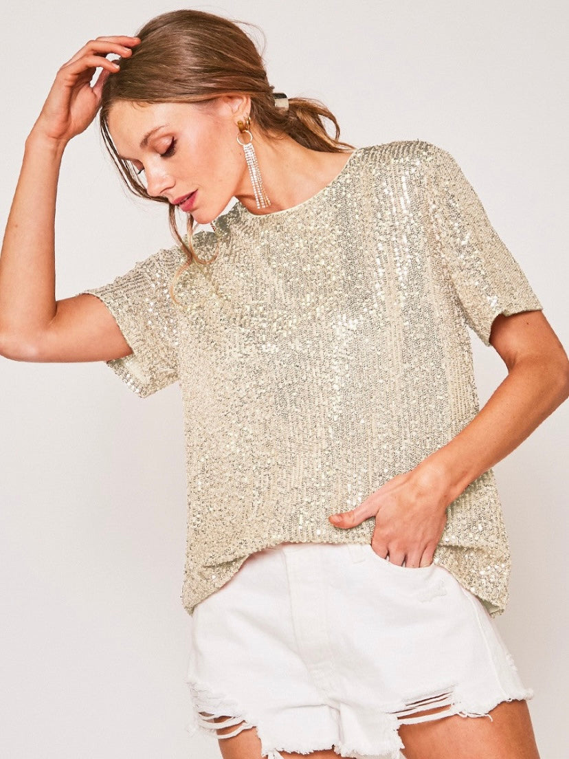 Dazzling Beauty Top con lentejuelas y cuello redondo TAUPE 